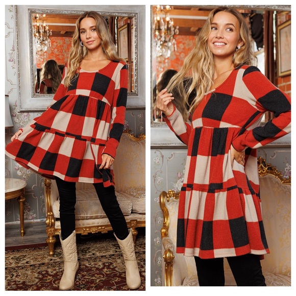 #06 Boho Fabulous Plaid Pattern Tiered Mini Dress - Picture 4 of 6